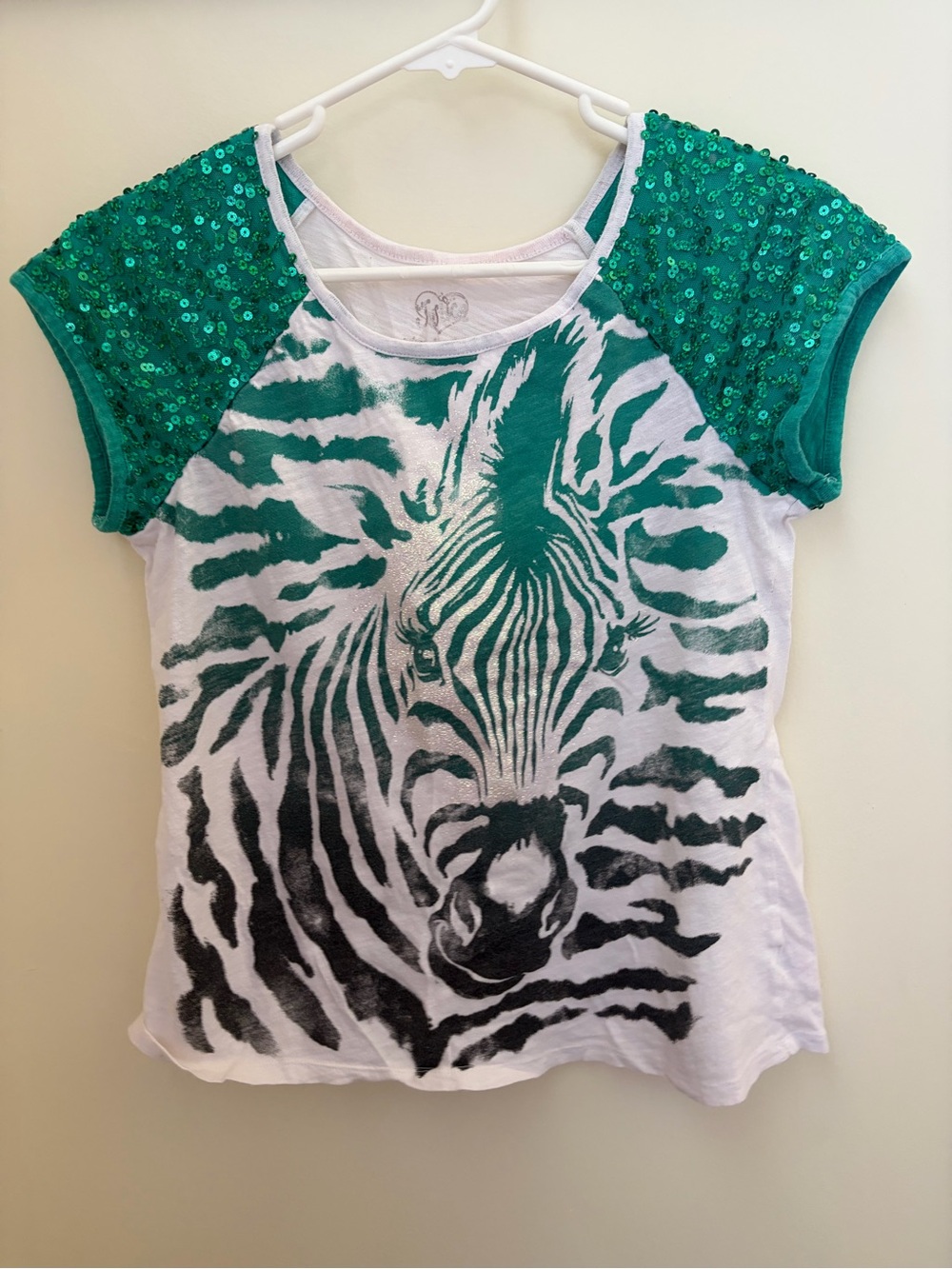 Sequin Sleeve Zebra Graphic Tee - Green & White